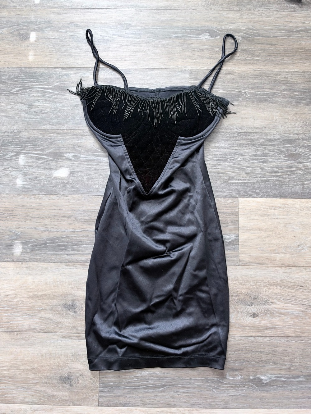 90s Michi by Boule De neige Black Fringe Velvet Panel Slip Dress sz S
